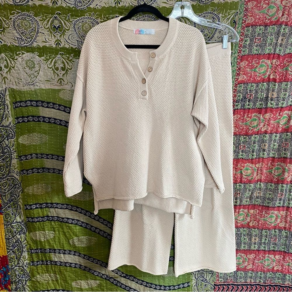 Free People Beach Oatmeal Hailey Sweater/ Pants Waffle Knit Set Size Small - Picture 2 of 16